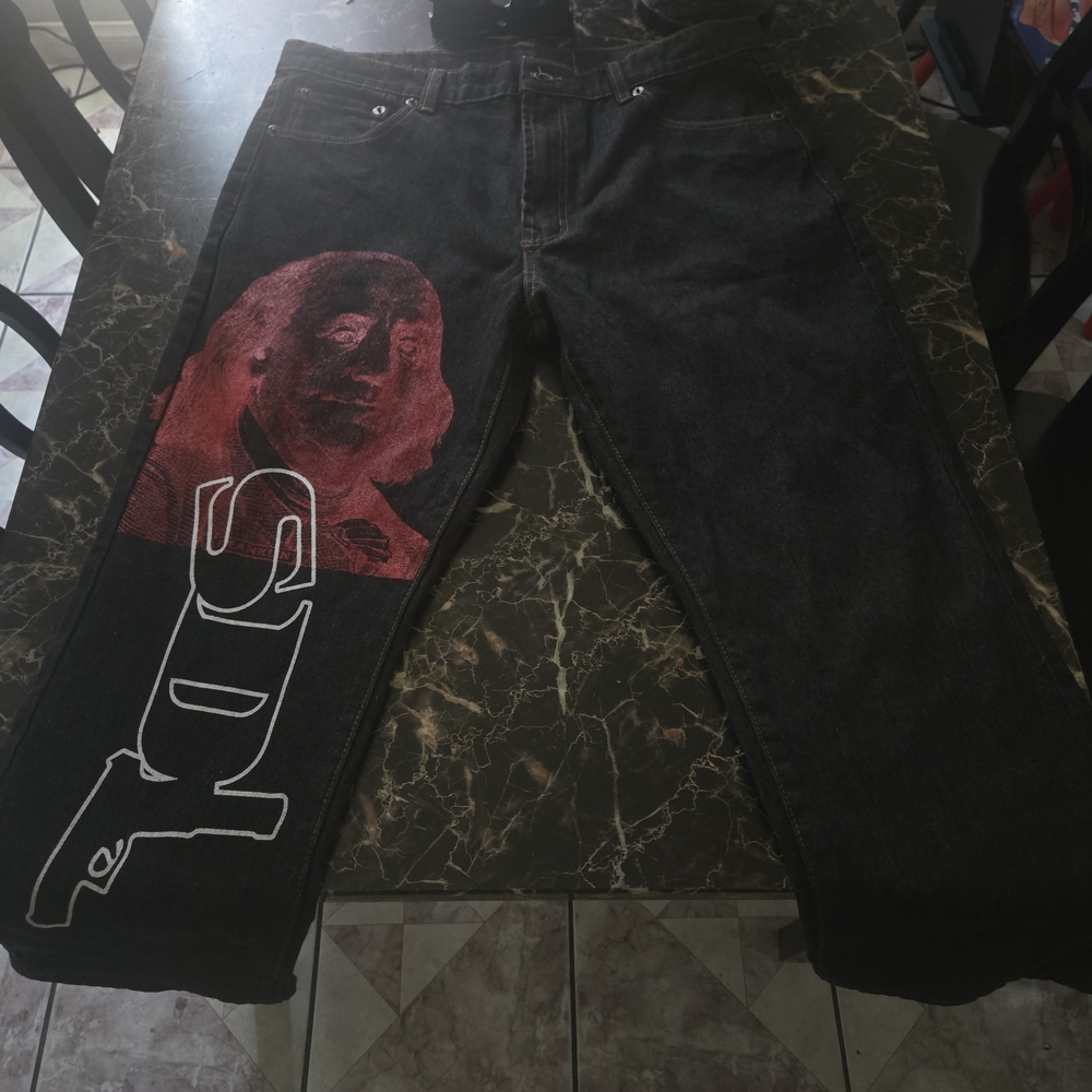 Black and Red Relaxed Jeans with Graphic Design
